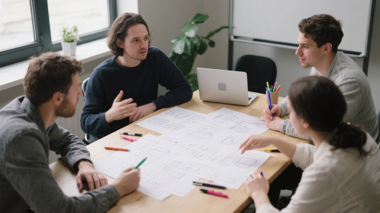 Small team meeting around a table with printed wireframes, pens, and a laptop, showing focused discussion about landing page structure