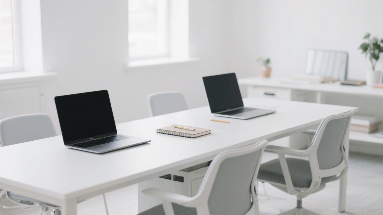 Bright modern workspace with two laptops, notebooks, and a clean desk, showcasing a minimalist startup environment focused on building digital products
