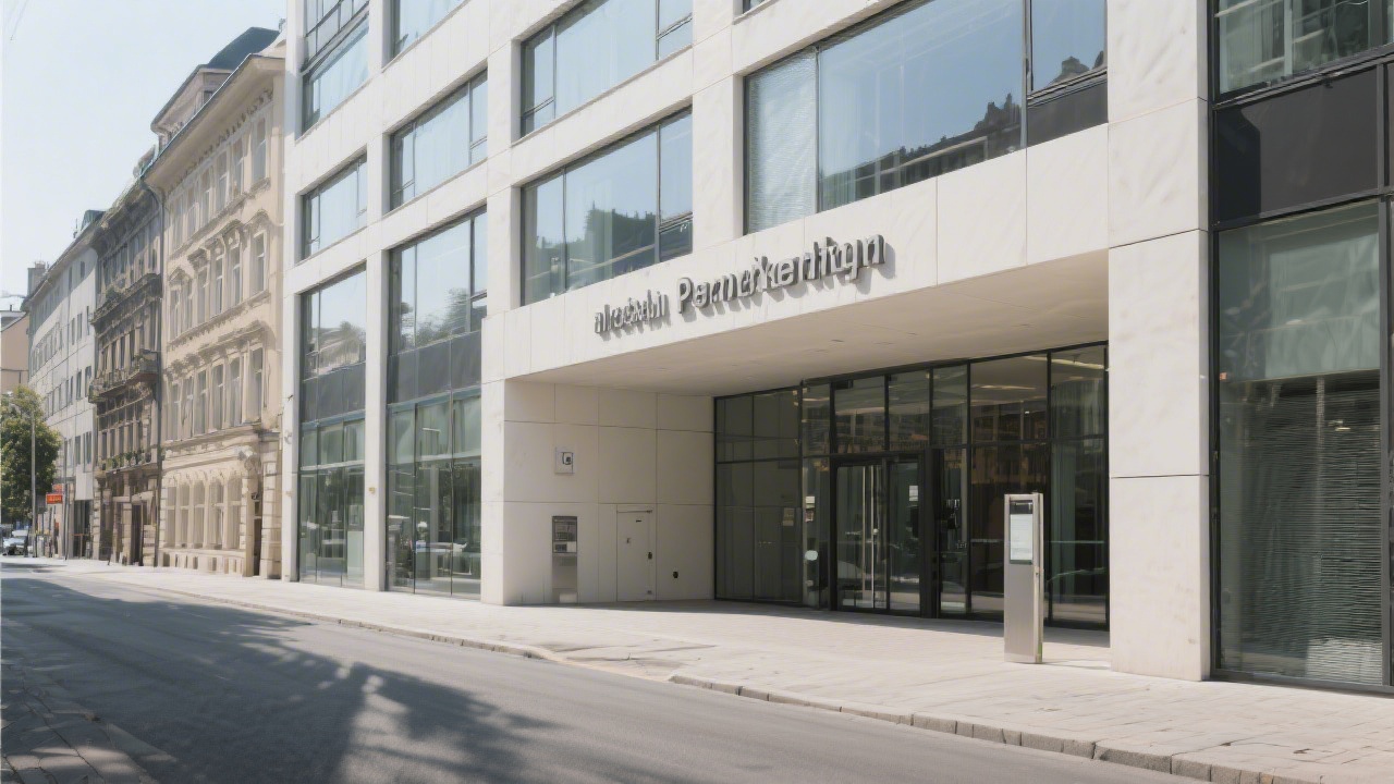 Exterior view of a modern office building entrance in Prague with clear signage and clean architectural lines, daytime lighting and calm street