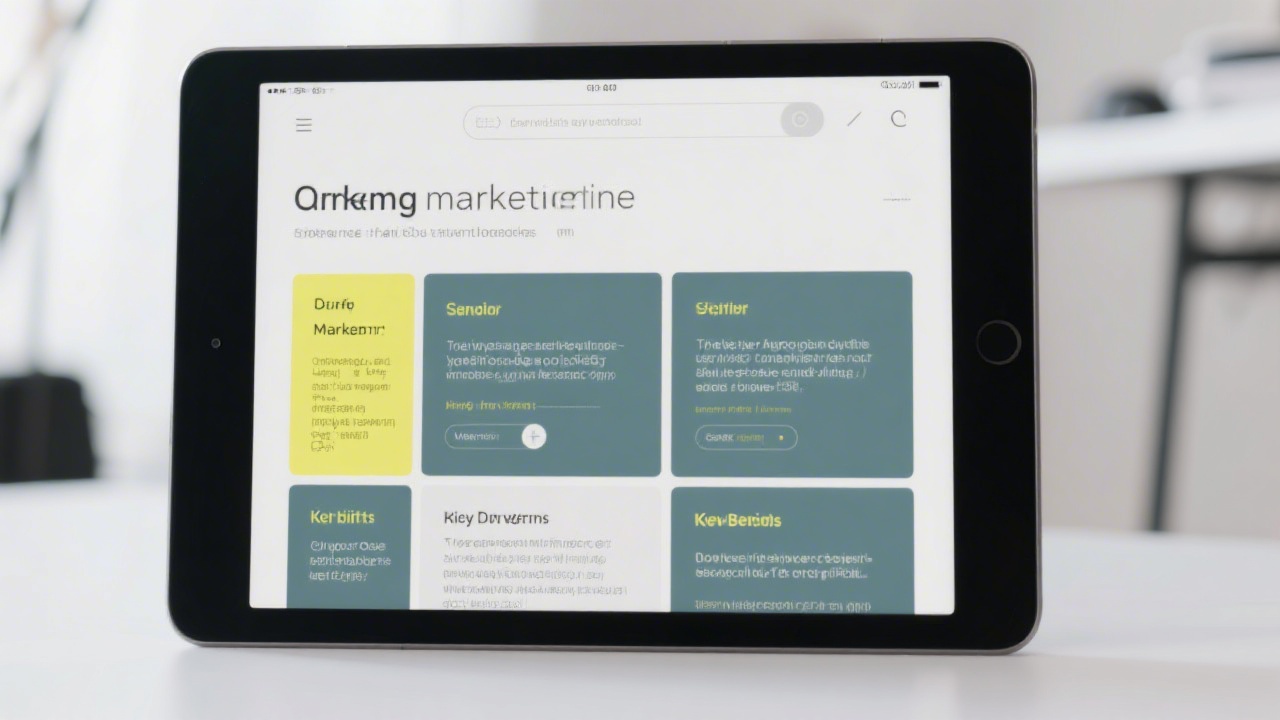 Tablet screen showing concise marketing copy blocks and highlighted key benefits, clean typography and aligned grid in a bright studio environment