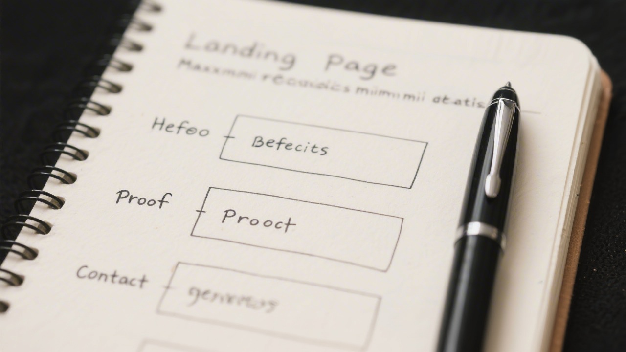 Close up photo of a notebook with a structured landing page outline, sections labeled for hero, benefits, proof, and contact, a pen placed beside