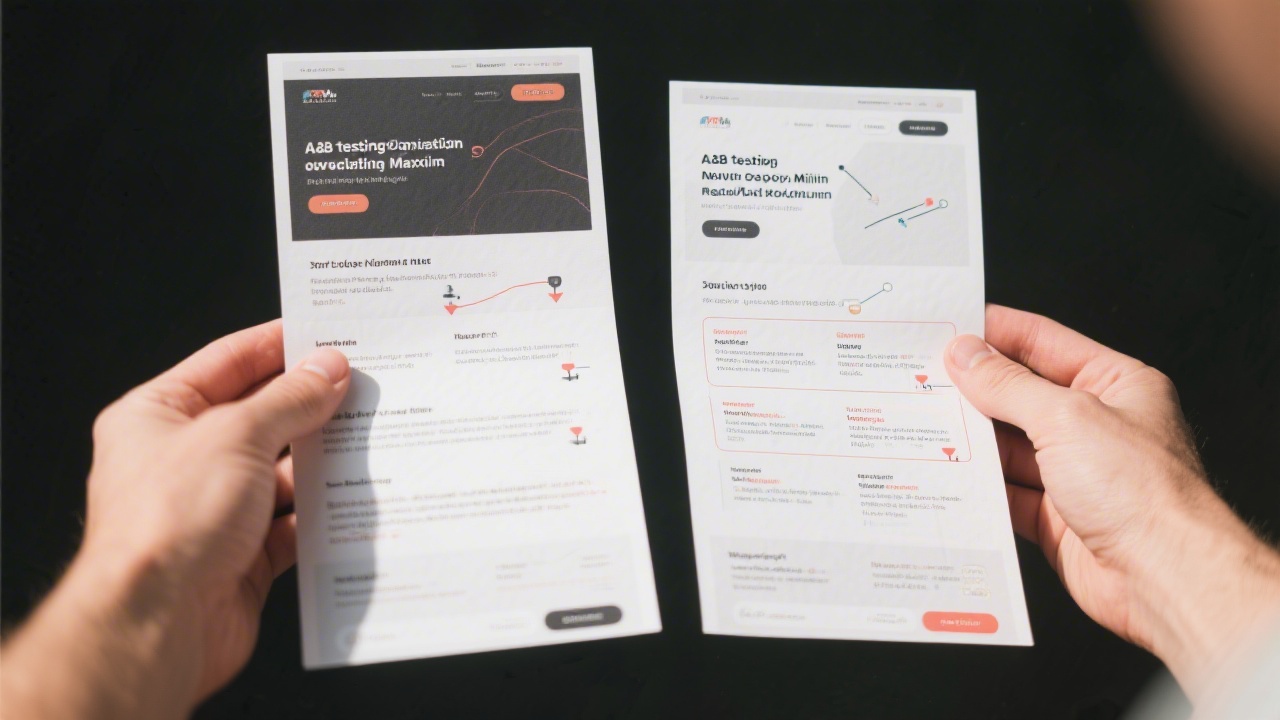 Hands comparing two versions of a landing page printed on paper, highlighting differences for A/B testing and optimization decisions